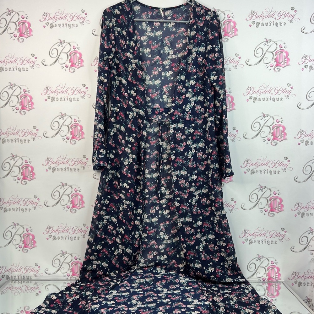 Style far cardigan long kimono flowers pink white Navy Floral Long Sleeve Dress